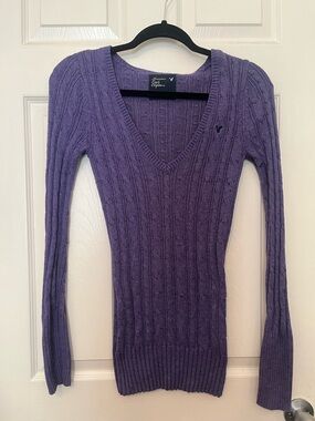 Vintage American Eagle‎ Y2K Cable Knit V-Neck Sweater Purple Size Small